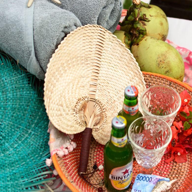 うちわ ロンタル椰子製 ハンドメイド ビーズ付き アジアン アイボリー ブラウン 南国 リゾート バリ雑貨 1358 | ブランド登録なし | 06