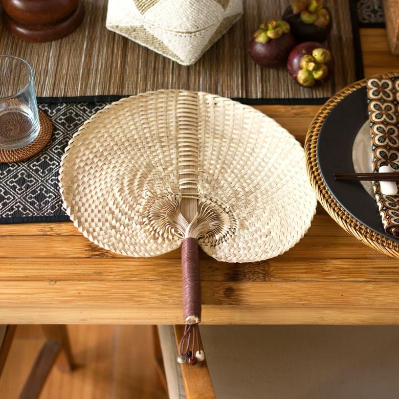 うちわ ロンタル椰子製 ハンドメイド ビーズ付き アジアン アイボリー ブラウン 南国 リゾート バリ雑貨 1358 | ブランド登録なし | 08