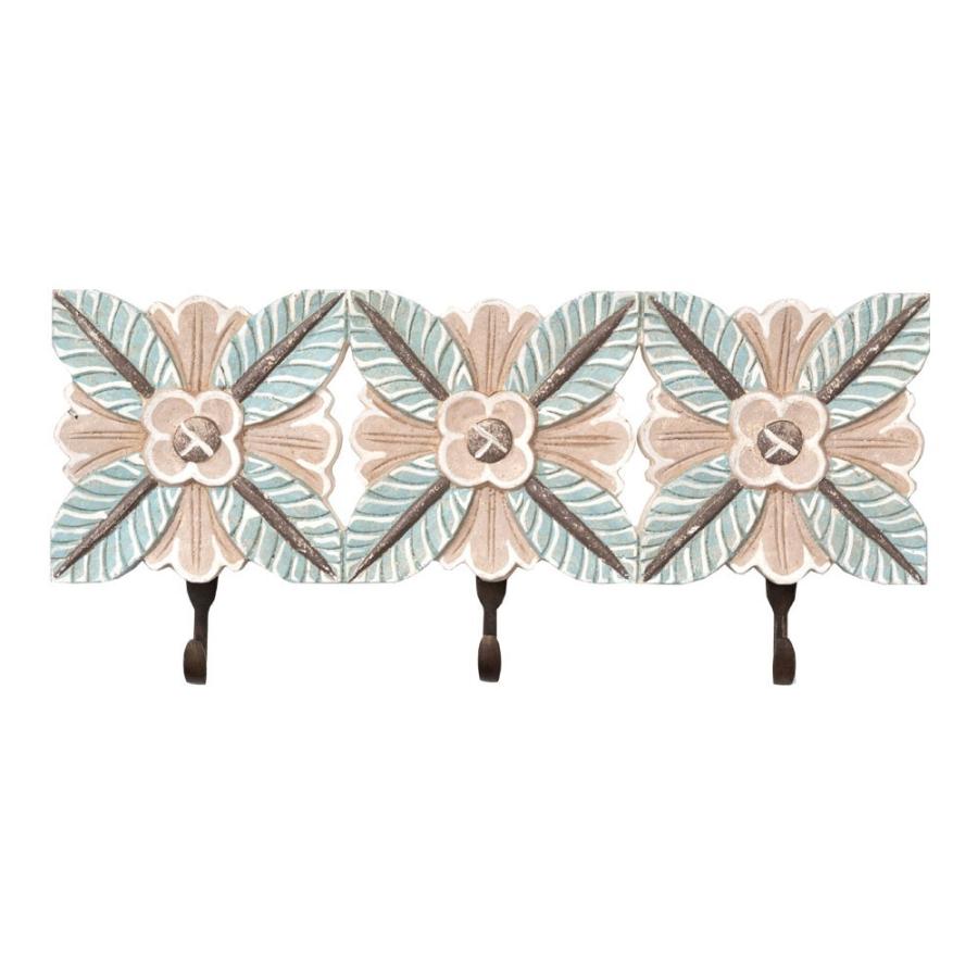 フック 壁掛け ウォールフック 3連 グリーンリーフ 木彫り 花モチーフ