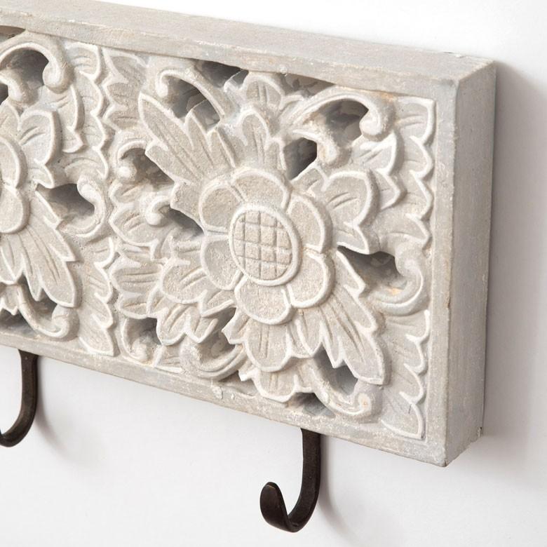 フック 壁掛け ウォールフック 3連 ホワイトオリエンタル 木彫り 花