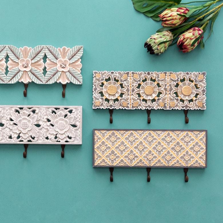 フック 壁掛け ウォールフック 3連 イエローフラワー 木彫り 花