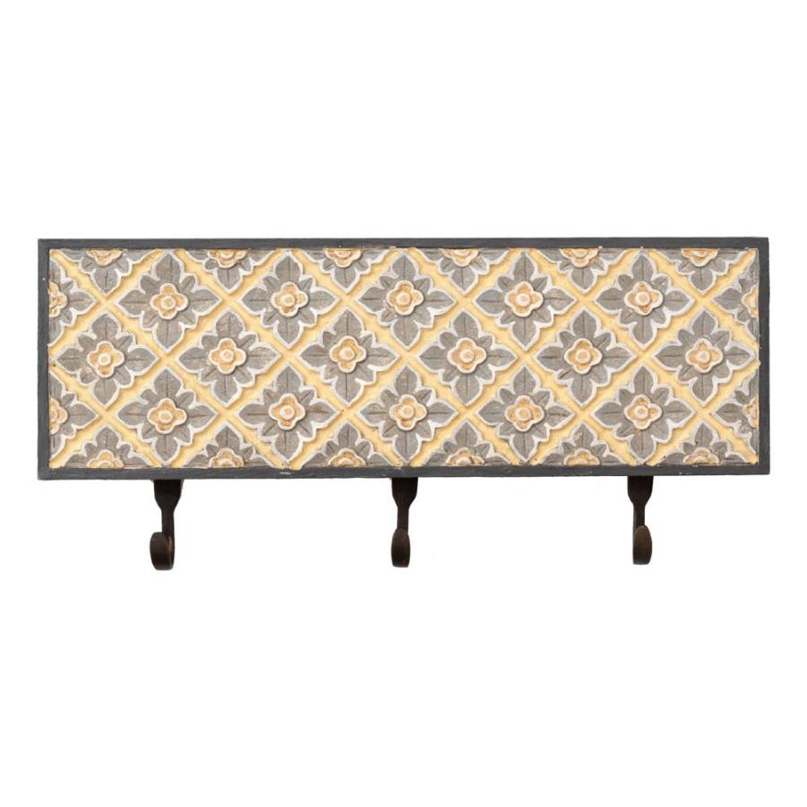 フック 壁掛け ウォールフック 3連 イエローフラワー 木彫り 花