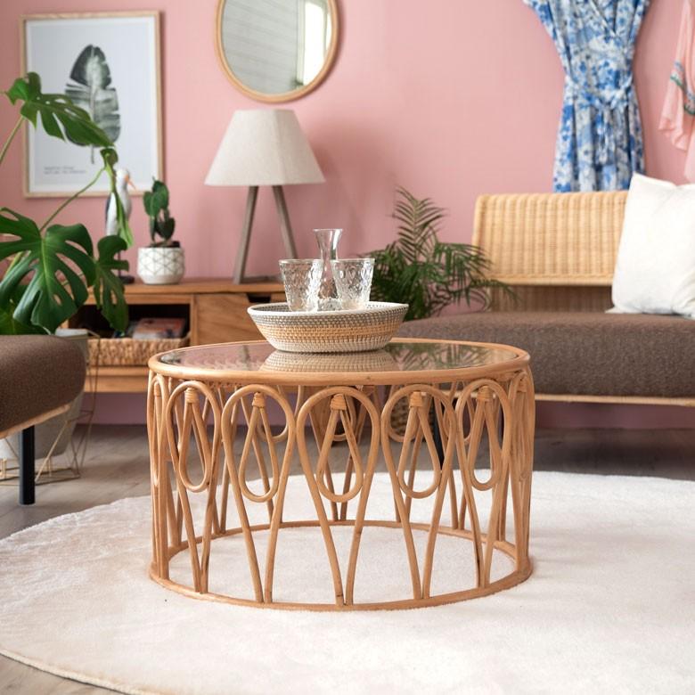 ELEMENTS センターテーブル ローテーブル ラタン 籐 ガラス天板