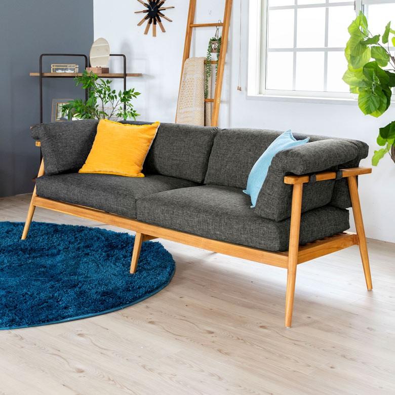 ソファ 3人掛け 肘掛けつき 天然木製 幅190cm「TAKE TEAK」 天然木 チーク材 ファブリック グレー 北欧 モダン シンプル 13730 | ブランド登録なし