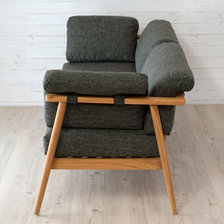 ソファ 3人掛け 肘掛けつき 天然木製 幅190cm「TAKE TEAK」 天然木 チーク材 ファブリック グレー 北欧 モダン シンプル 13730 | ブランド登録なし | 13