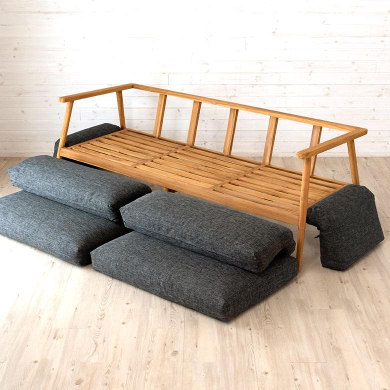 ソファ 3人掛け 肘掛けつき 天然木製 幅190cm「TAKE TEAK」 天然木 チーク材 ファブリック グレー 北欧 モダン シンプル 13730 | ブランド登録なし | 17