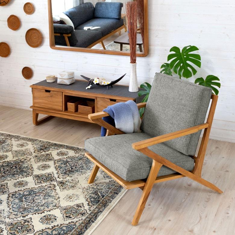 ソファ 1人掛け 肘掛けつき 天然木製 幅190cm「TAKE TEAK」 天然木 チーク材 ファブリック グレー 北欧 モダン シンプル 13731 | ブランド登録なし | 13