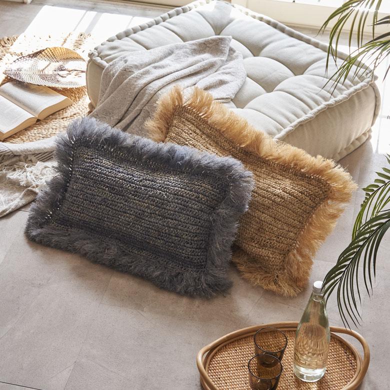 クッションカバー 30×50 長方形 天然素材 ヤシ ラフィア フリンジ