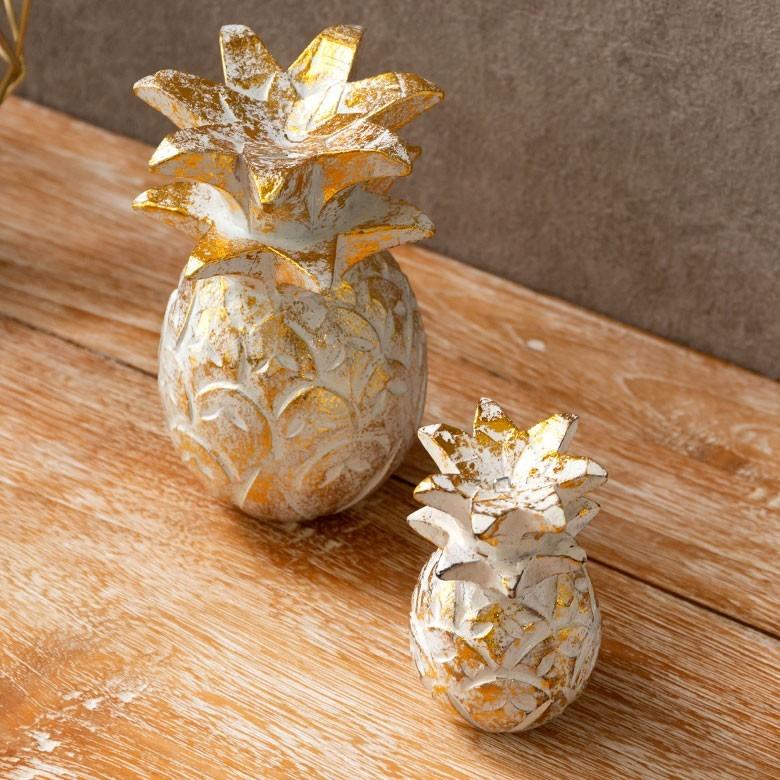 オブジェ ウッド 木製 木彫り パイナップル パイン フルーツ 果物 シルバー ゴールド W 9.5cm D 9.5cm H 15cm  置物 バリ ハロウィン クリスマス 13898 | ELEMENTS（インテリア） | 10