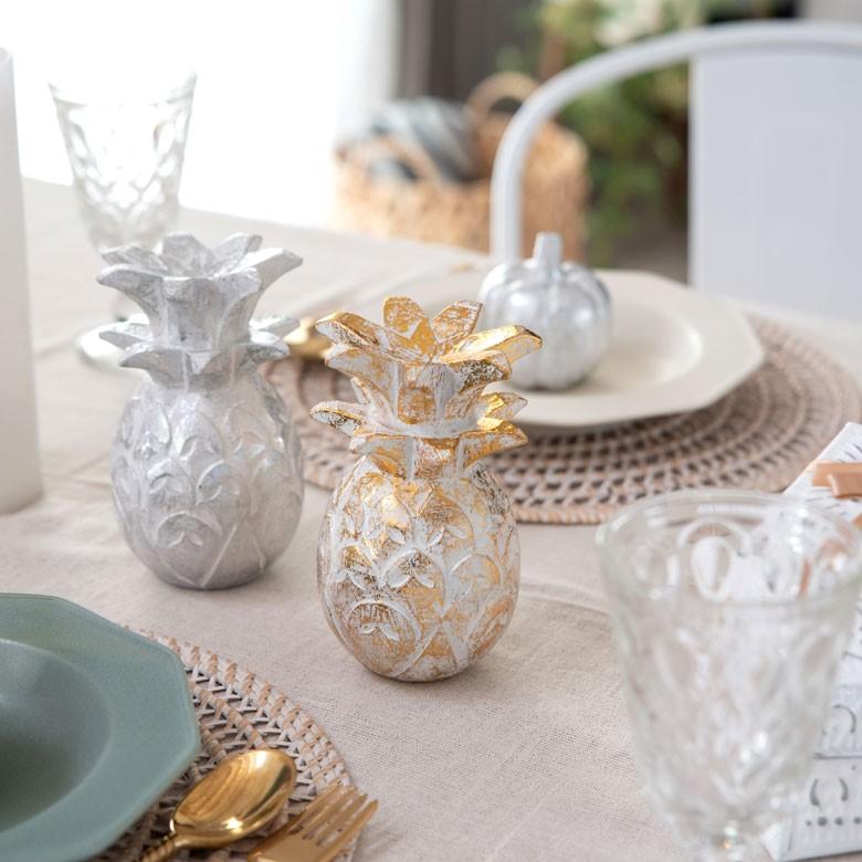 オブジェ ウッド 木製 木彫り パイナップル パイン フルーツ 果物 シルバー ゴールド W 9.5cm D 9.5cm H 15cm  置物 バリ ハロウィン クリスマス 13898 | ELEMENTS（インテリア） | 11