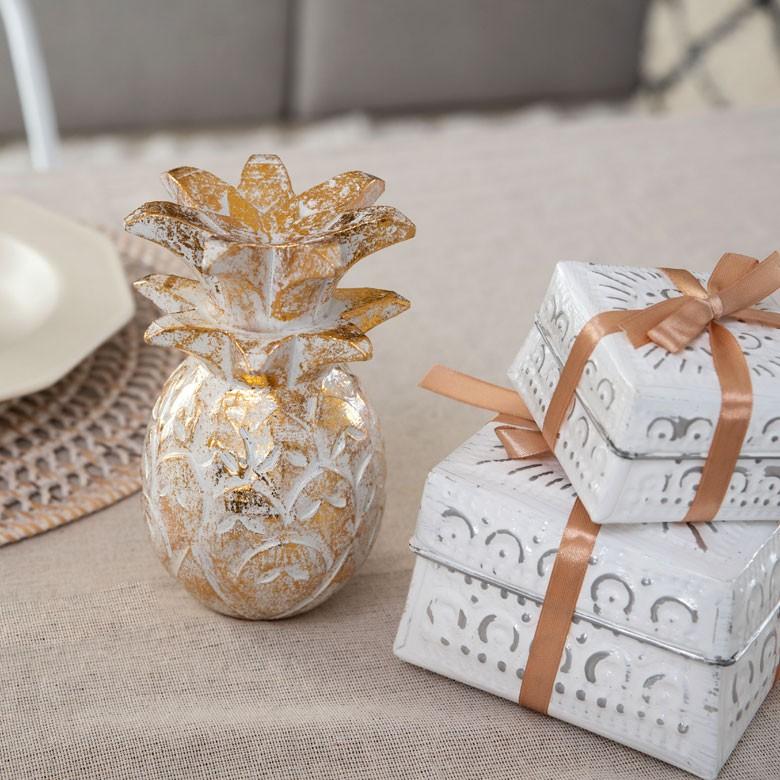 オブジェ ウッド 木製 木彫り パイナップル パイン フルーツ 果物 シルバー ゴールド W 9.5cm D 9.5cm H 15cm  置物 バリ ハロウィン クリスマス 13898 | ELEMENTS（インテリア） | 03