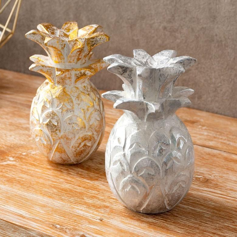 オブジェ ウッド 木製 木彫り パイナップル パイン フルーツ 果物 シルバー ゴールド W 9.5cm D 9.5cm H 15cm  置物 バリ ハロウィン クリスマス 13898 | ELEMENTS（インテリア） | 04
