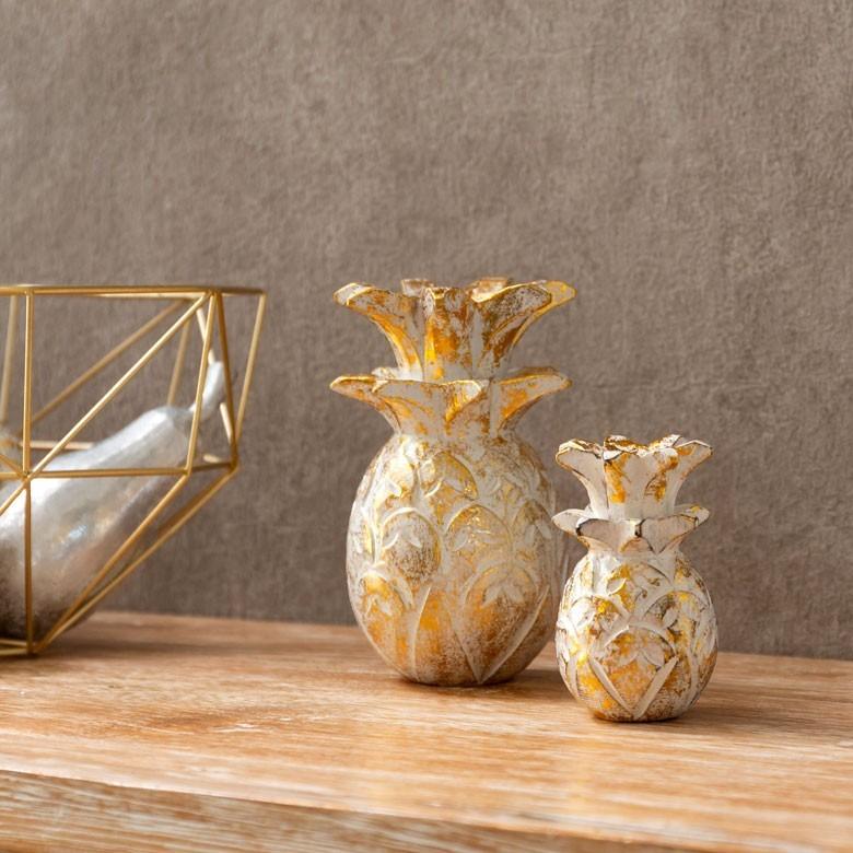 オブジェ ウッド 木製 木彫り パイナップル パイン フルーツ 果物 シルバー ゴールド W 9.5cm D 9.5cm H 15cm  置物 バリ ハロウィン クリスマス 13898 | ELEMENTS（インテリア） | 08
