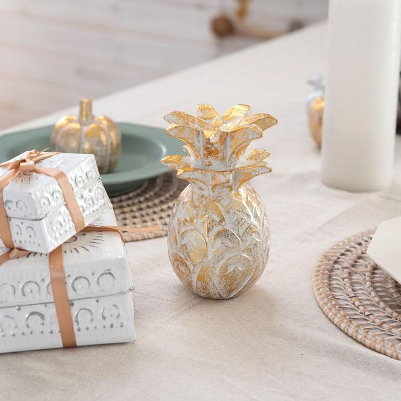 オブジェ ウッド 木製 木彫り パイナップル パイン フルーツ 果物 シルバー ゴールド W 9.5cm D 9.5cm H 15cm  置物 バリ ハロウィン クリスマス 13898 | ELEMENTS（インテリア） | 09