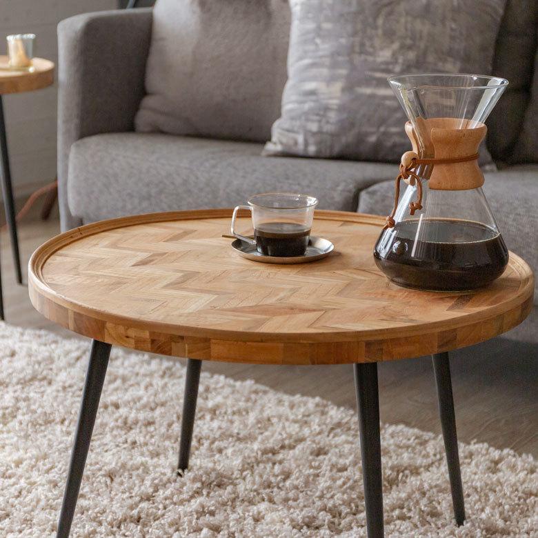 ローテーブル ラウンド 円 丸 コーヒーテーブル 直径約60cm ヘリンボーン ヴィンテージ風 無垢 シンプル 北欧 13929