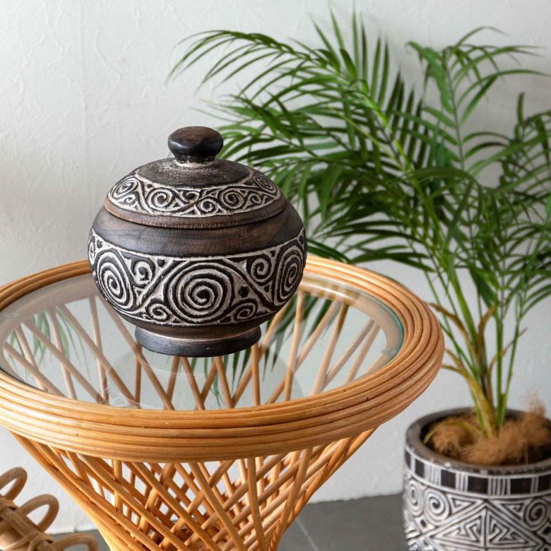 小物入れ デコレーション ポット 木製 ウッド スンバ ハンドメイド オブジェ 木彫り 彫刻 カービング 収納 雑貨入れ ボヘミアン アジアン雑貨 13942 | ブランド登録なし | 03