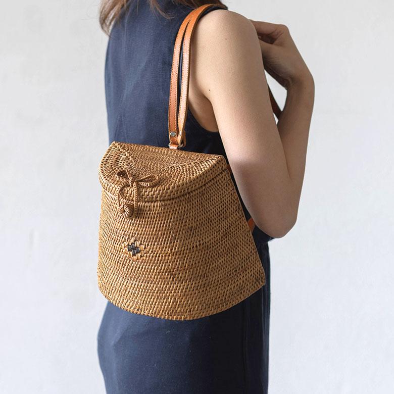 リュック ショルダー アタバッグ かごバッグ かご バッグ リュクサック レザー 革 紐 約 W 24cm D 12cm H 19cm アタ アジアン 雑貨 13951 | ブランド登録なし | 05