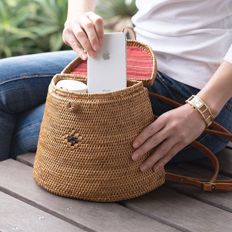 リュック ショルダー アタバッグ かごバッグ かご バッグ リュクサック レザー 革 紐 約 W 24cm D 12cm H 19cm アタ アジアン 雑貨 13951 | ブランド登録なし | 08