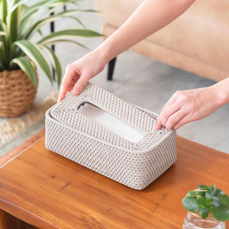 ティッシュケース ティッシュボックス おしゃれ 蓋付き ラタン 籐 ホワイト ナチュラル 約W26cm アジアン リゾート 北欧 13977 | ELEMENTS（インテリア） | 16