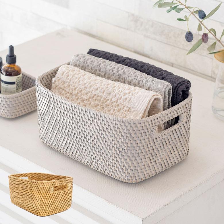 バスケット かご 深型 ケース 書籍 CD DVD ラタン 籐 ホワイト ナチュラル W約20cm アジアン リゾート テーブルコーディネート13980 | ELEMENTS（インテリア）