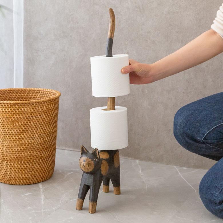 トイレットペーパーホルダー バリ ネコ 猫 置物 天然木 木彫り オブジェ アジアン雑貨 手彫り リゾート おしゃれ 13983 | ブランド登録なし | 02