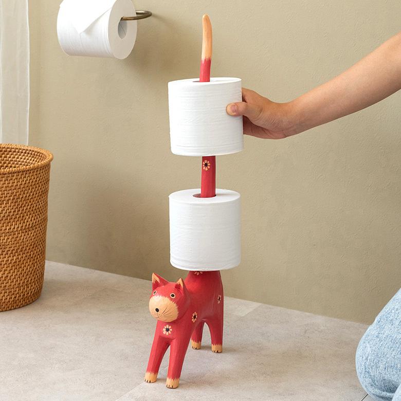 トイレットペーパー ホルダー  猫 ネコ  尻尾  バリ島 ピンク  オブジェ 置物 木彫り ディスプレイ 収納 キッチンペーパー トイレ アジアン 雑貨 おしゃれ 13987 | ブランド登録なし | 02