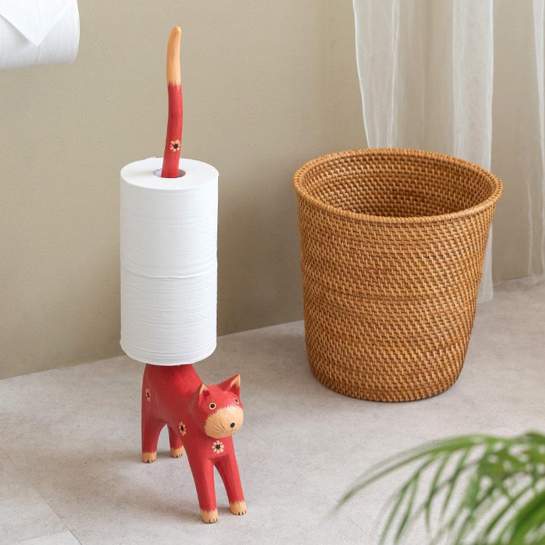 トイレットペーパー ホルダー  猫 ネコ  尻尾  バリ島 ピンク  オブジェ 置物 木彫り ディスプレイ 収納 キッチンペーパー トイレ アジアン 雑貨 おしゃれ 13987 | ブランド登録なし | 07