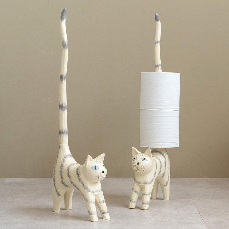 トイレットペーパー ホルダー  猫 ネコ 尻尾  バリ島 ライトグレー  オブジェ 置物 木彫り 収納 キッチンペーパー トイレ アジアン 雑貨 おしゃれ 13988 | ブランド登録なし