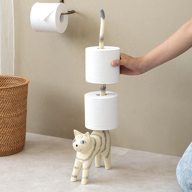 トイレットペーパー ホルダー  猫 ネコ 尻尾  バリ島 ライトグレー  オブジェ 置物 木彫り 収納 キッチンペーパー トイレ アジアン 雑貨 おしゃれ 13988 | ブランド登録なし | 02