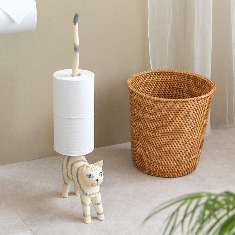 トイレットペーパー ホルダー  猫 ネコ 尻尾  バリ島 ライトグレー  オブジェ 置物 木彫り 収納 キッチンペーパー トイレ アジアン 雑貨 おしゃれ 13988 | ブランド登録なし | 07