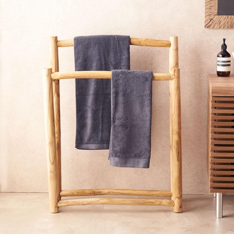 タオルハンガースタンド タオルハンガー 2連 タオル干し スタンド 天然木 タオル掛け 無垢材 タオルスタンド 洗面所 バスタオル チーク材 北欧 西海岸 14231 | ELEMENTS（インテリア）