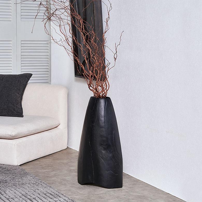 ［新品］ メガ・ブラック　フラワーベース、花瓶 フラワーベース 木製 花瓶 大きい 黒 チーク材 造花 フェイクグリーン