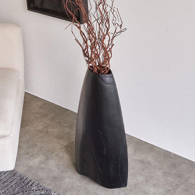 フラワーベース 木製 花瓶 大きい 黒 チーク材 造花 フェイクグリーン
