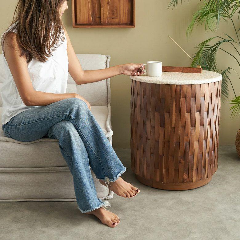 サイドテーブル 大理石 丸 木製 チーク材 リサイクルウッド 異素材 ナイトテーブル ウッド 無垢 テーブル おしゃれ 北欧 リゾート インテリア 西海岸 14307 | ELEMENTS（インテリア） | 15