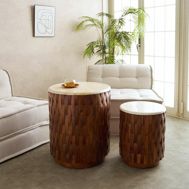 サイドテーブル 大理石 丸 木製 チーク材 リサイクルウッド 異素材 ナイトテーブル ウッド 無垢 テーブル おしゃれ 北欧 リゾート インテリア 西海岸 14307 | ELEMENTS（インテリア） | 16