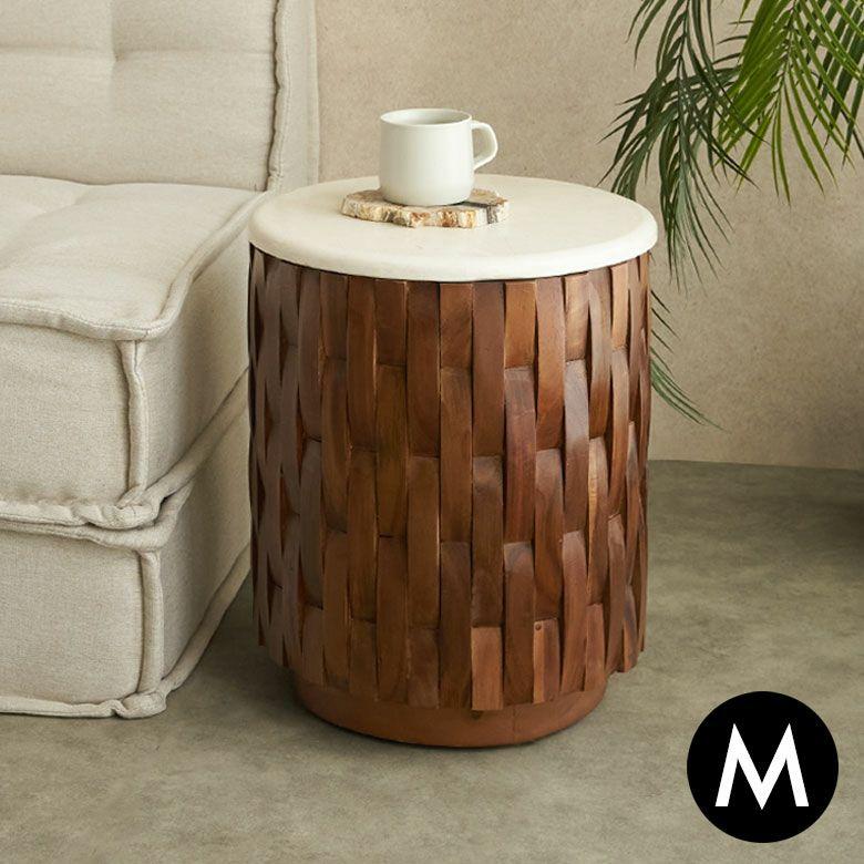 サイドテーブル 大理石 丸 木製 チーク材 リサイクルウッド 異素材 ナイトテーブル ウッド 無垢 テーブル おしゃれ 北欧 リゾート インテリア 西海岸 14308 | ELEMENTS（インテリア）