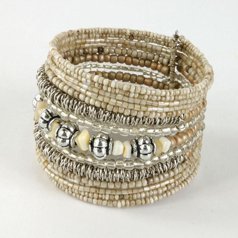 ブレスレット バングル レディース 太め ワンタッチ エスニックビーズ