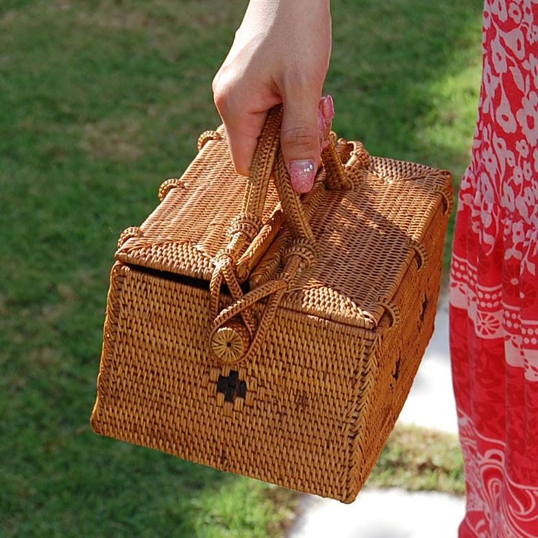 カゴバッグ コスメバッグ アタ製 アジアン バリ雑貨 蓋つき 間仕切りつき 収納ケース おしゃれ ナチュラル 2992 | ブランド登録なし | 02