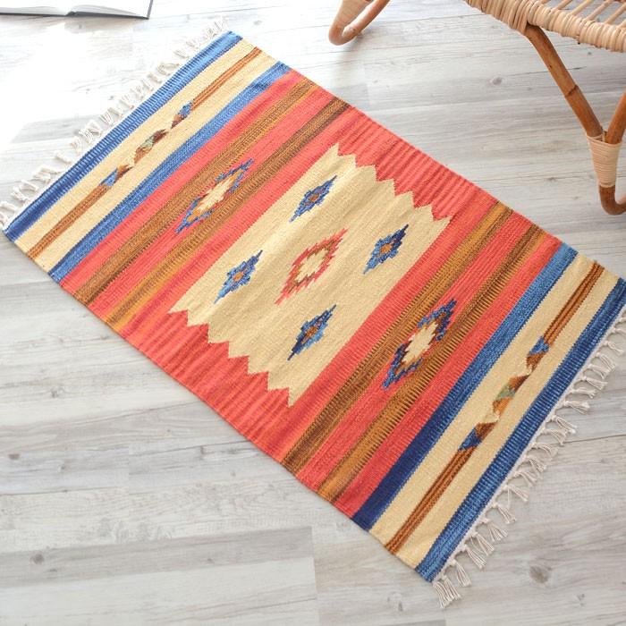 玄関マット 室内 おしゃれ 60×90cm ラグ マット キリム インド綿 民族 エスニック ネイティブ オルテガ Bタイプ 31101 | ブランド登録なし
