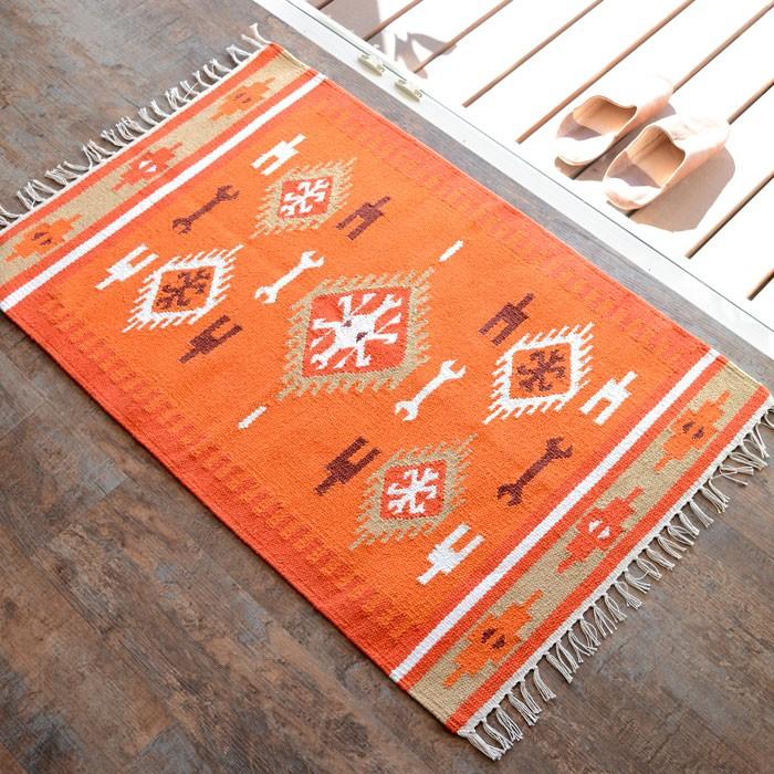 玄関マット 室内 おしゃれ 60×90cm ラグ マット キリム インド綿 民族 エスニック ネイティブ オルテガ Gタイプ 31130 | ELEMENTS（インテリア）