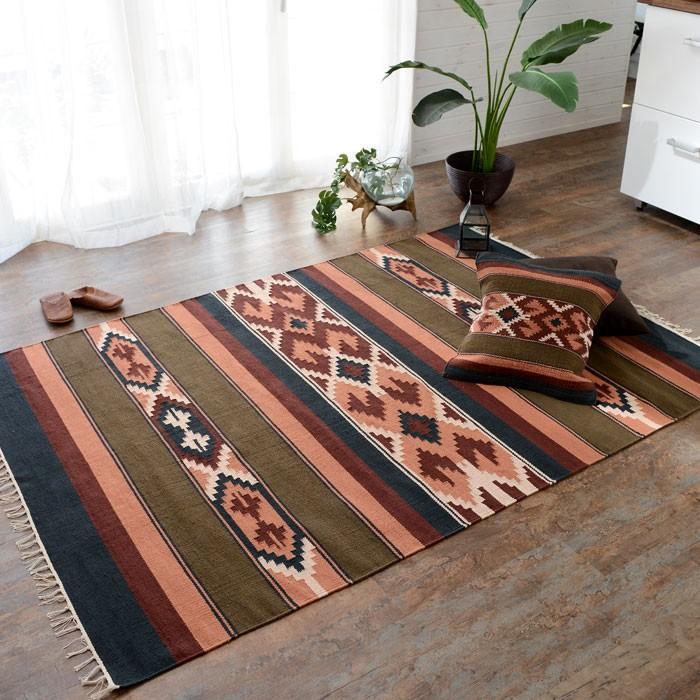 ラグマット キリムラグ コットンキリム ラグ カーペット おしゃれ 長方形 140×200cm Hタイプ インド綿 エスニック ネイティブ 民族 31240 | ELEMENTS（インテリア）