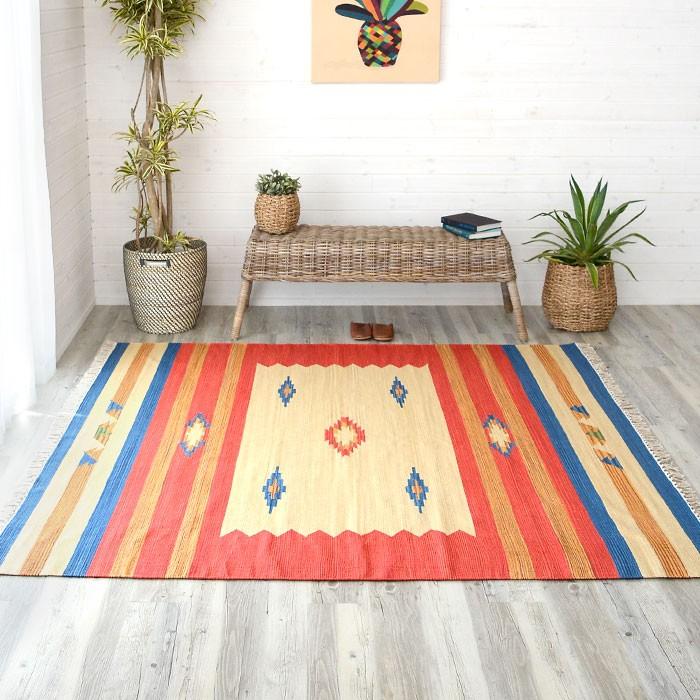 ラグマット ラグ カーペット キリムラグ コットンキリム おしゃれ 200×200cm Bタイプ インド綿 オルテガ ネイティブ 民族 31301 | ELEMENTS（インテリア）