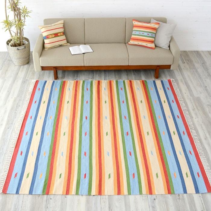 ラグマット ラグ カーペット キリムラグ コットンキリム おしゃれ 200×200cm Dタイプ インド綿 オルテガ ネイティブ 民族 31303 | ELEMENTS（インテリア）