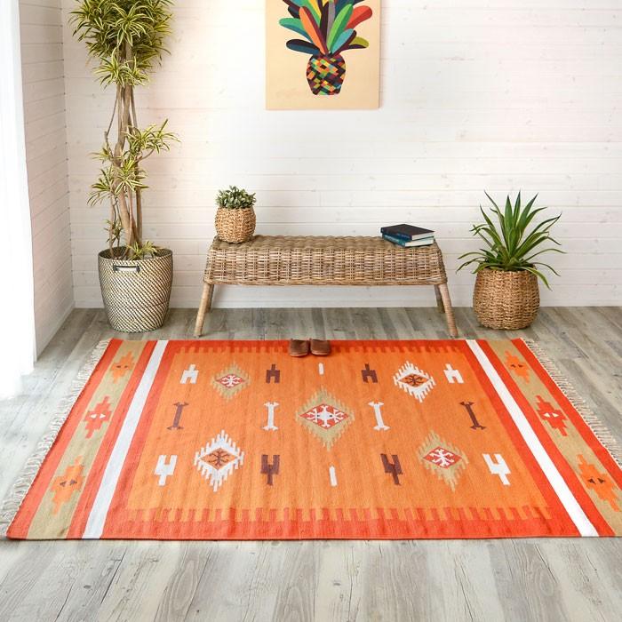 ラグマット ラグ カーペット キリムラグ コットンキリム おしゃれ 200×200cm Gタイプ インド綿 オルテガ ネイティブ 民族 31330 | ELEMENTS（インテリア）