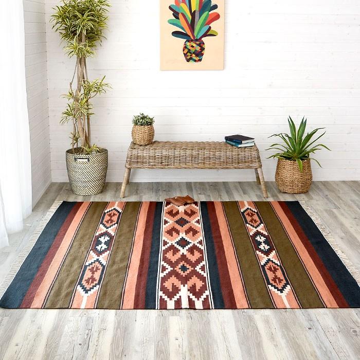 ラグマット ラグ カーペット キリムラグ コットンキリム おしゃれ 200×200cm Hタイプ インド綿 オルテガ ネイティブ 民族 31340 | ELEMENTS（インテリア）