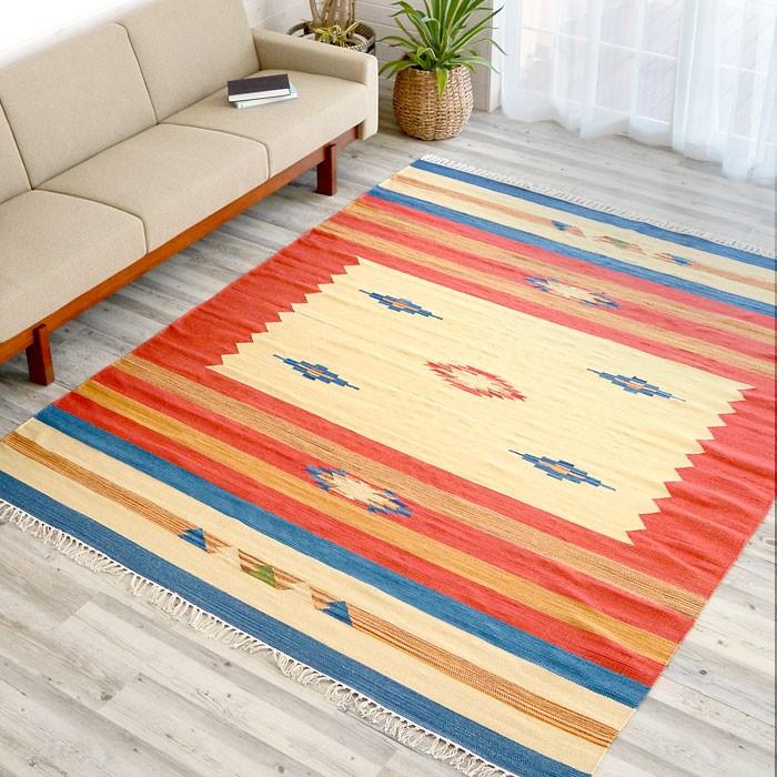 キリムラグ ラグマット コットンキリム ラグ カーペット おしゃれ 長方形 200×250cm Bタイプ インド綿 オルテガ エスニック 民族 31401 | ELEMENTS（インテリア）