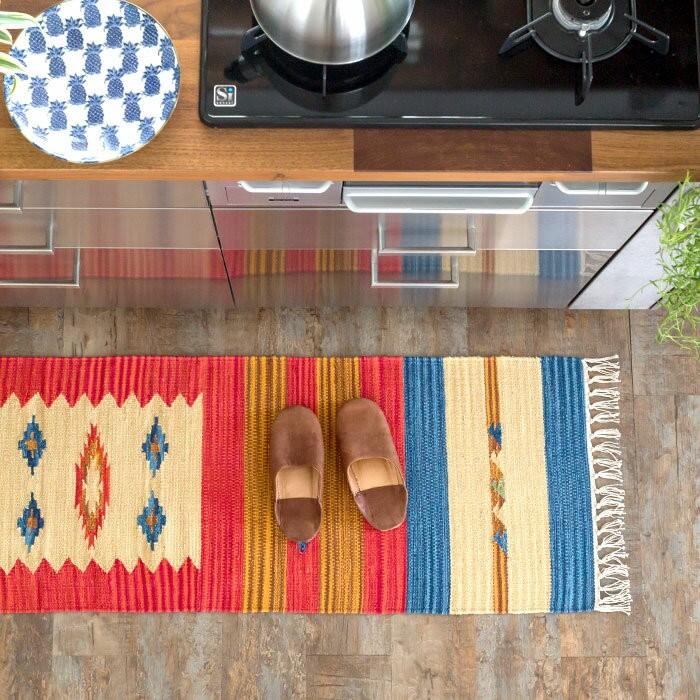 キッチンマット おしゃれ 玄関マット 45×180cm ラグ マット キリム インド綿 ネイティブ 民族 オルテガ エスニック Bタイプ キッチン用品 31801 | ブランド登録なし | 01