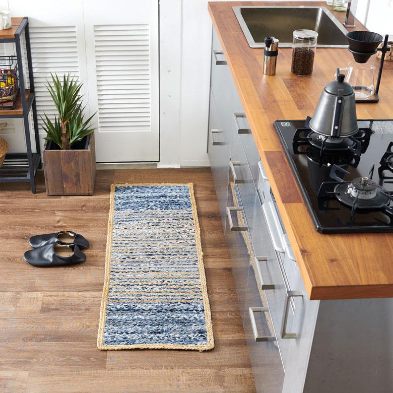 キッチン マット ラグ デニム 幅120cm 45×120 綿  麻 オール シーズン 春 夏 秋 冬 ヴィンテージ  厚手 ジーンズ アップサイクル おしゃれ 北欧 西海岸 32104 | ELEMENTS（インテリア） | 04