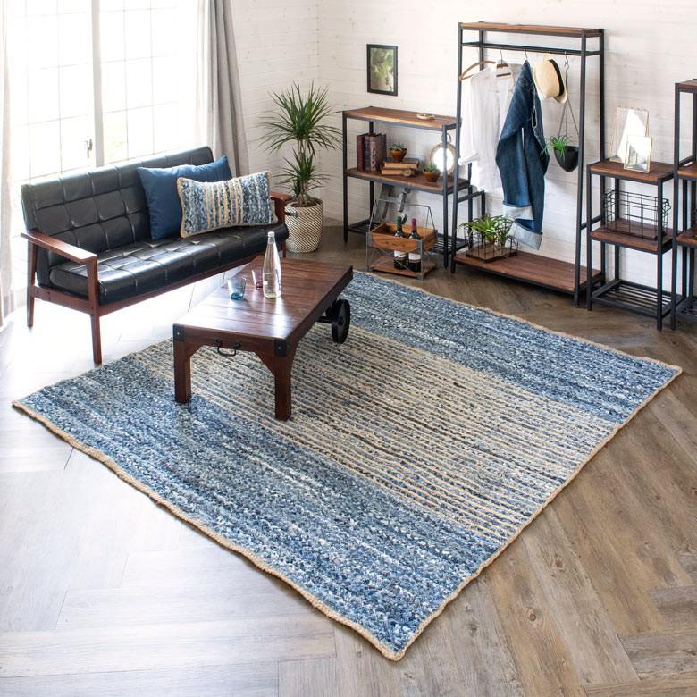 特別セール品 青色のグラデーションがクールなインド製手織りラグ