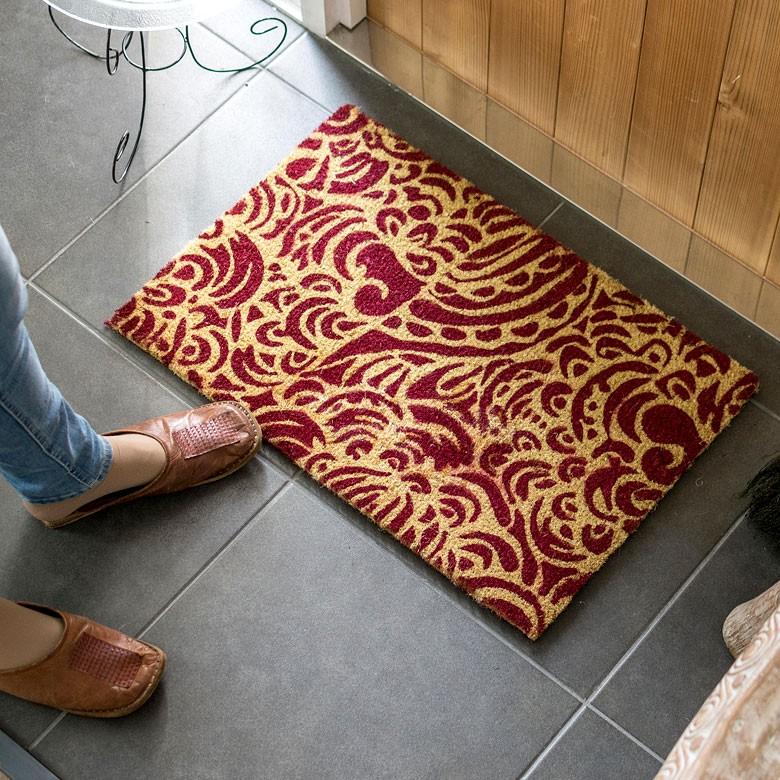 コイヤーマット 玄関マット ドアマット 室外 ダマスク柄 ワインレッド 赤 エントランス テラス デッキ 勝手口 泥落とし 雪 ココナッツ ココヤシ おしゃれ 32113 | ブランド登録なし | 01